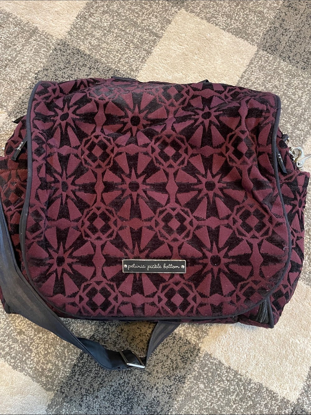 Petunia Pickle Bottom Burgundy & Black Geometric diaper bag